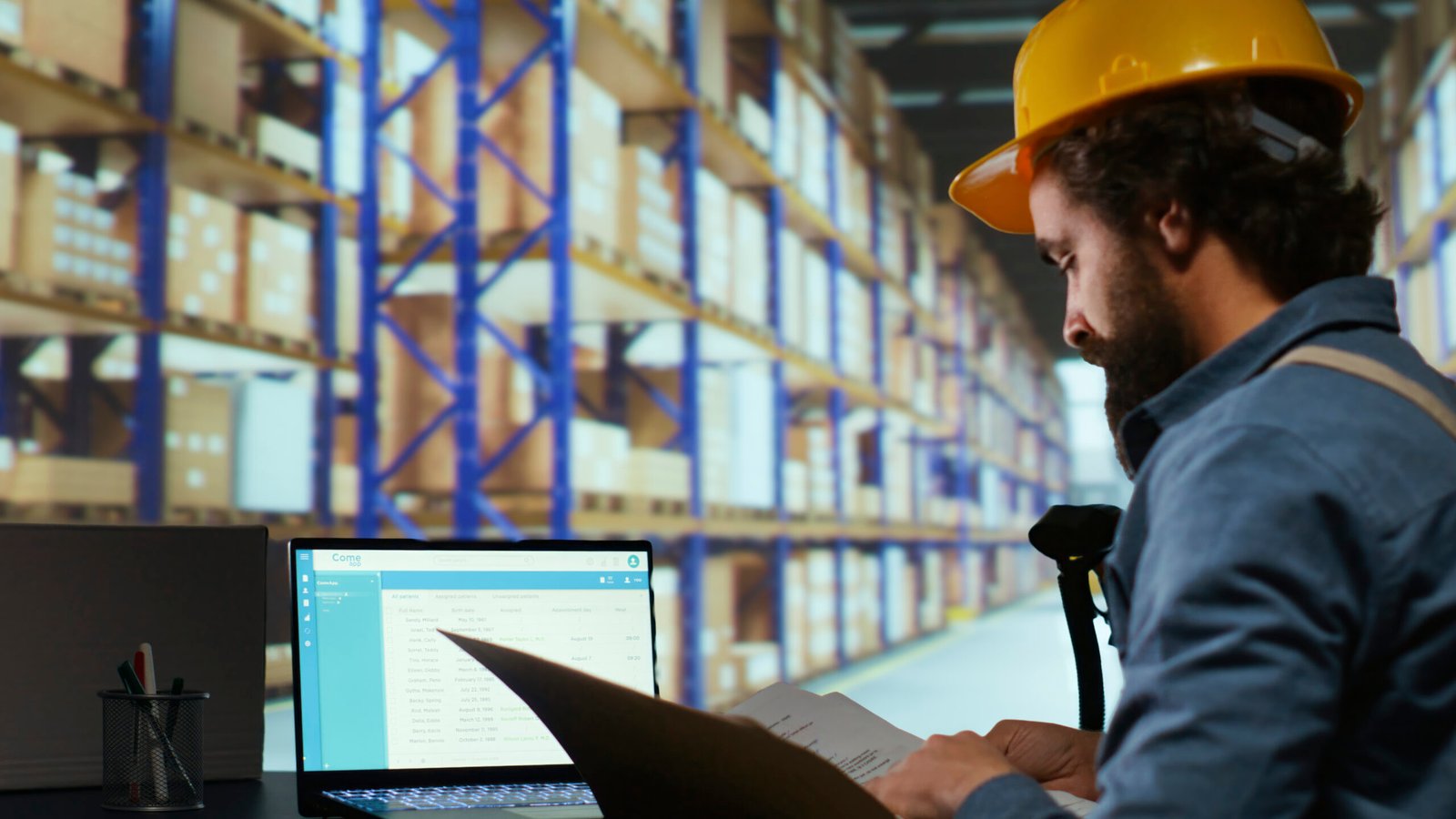 Export supervisor drafting billing for product logistics Export supervisor drafting billing for product logistics, managing shipping and delivery requirements. Factory operator reviewing dispatch reports for order submission and stock control.